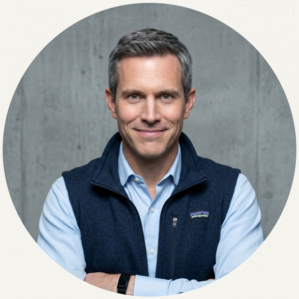 The Friction CEO — arms crossed, Patagonia vest, concrete wall, faint smirk of a man who has not slept since Q2.